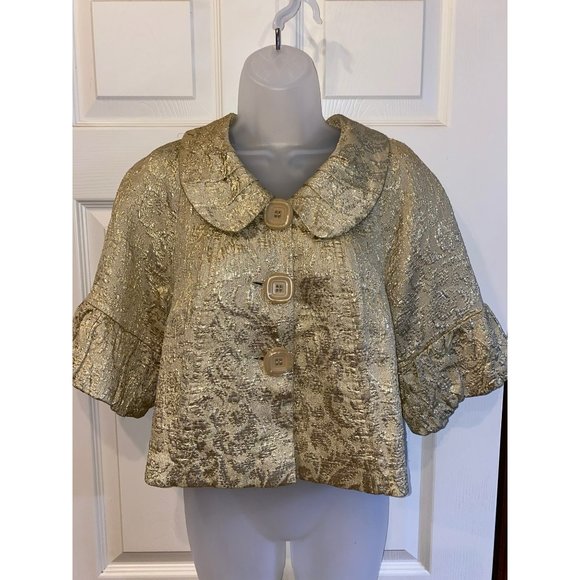 Anthropologie Ivy Jane Womens XS Metallic Gold Blazer Peter Pan Collar Ruffle Si - Picture 7 of 9